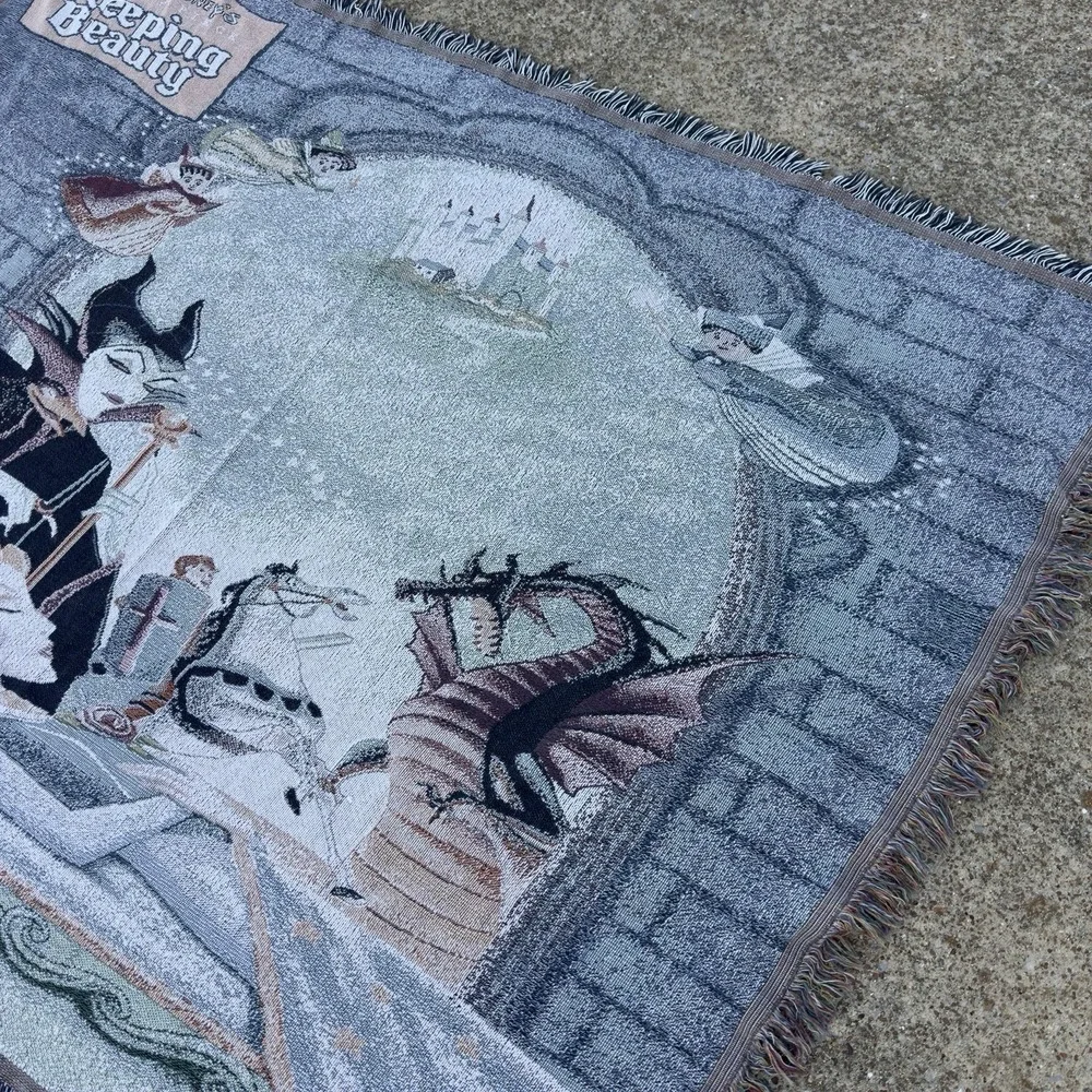 Vintage 90s Disney Sleeping Beauty Woven Fringe Tapestry Throw Blanket Blue